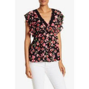 DR2 Floral Print Blouse Crochet Top Black Pink S
